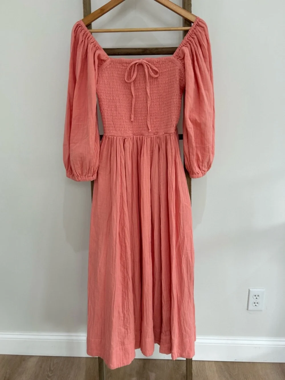 Quince Pink Organic Cotton Gauze Smocked Square Neck MIDI Dress Size S NWT Beach - Picture 2 of 14